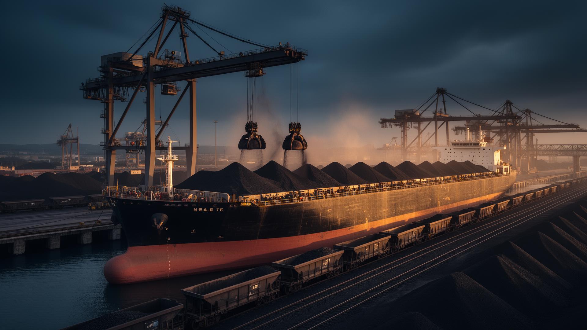 Bulk carrier berthed at a port terminal, loading dry bulk cargo